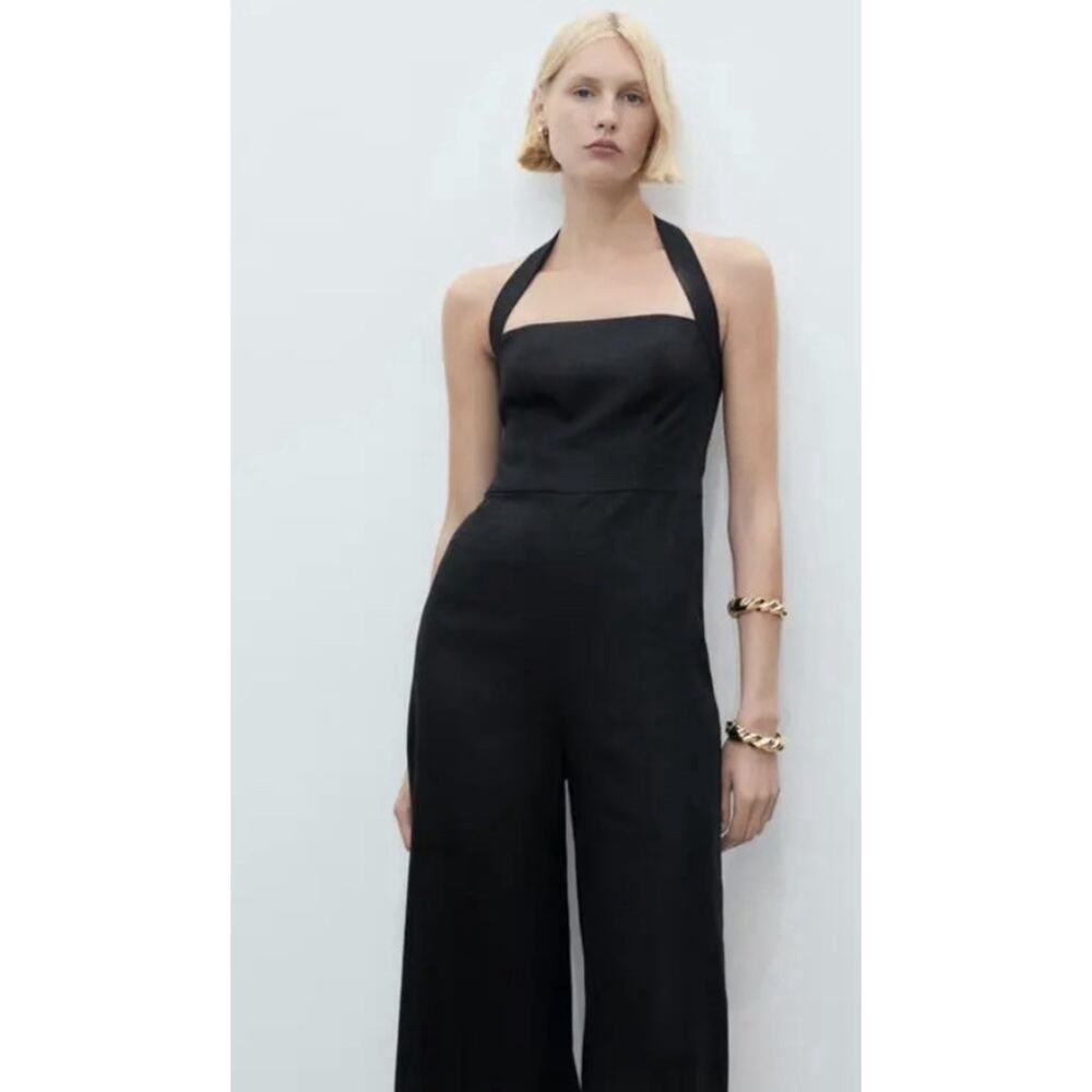NWOT Mango Black Halter Jumpsuit Wide Leg MEDIUM Sleeveless Women’s Romper